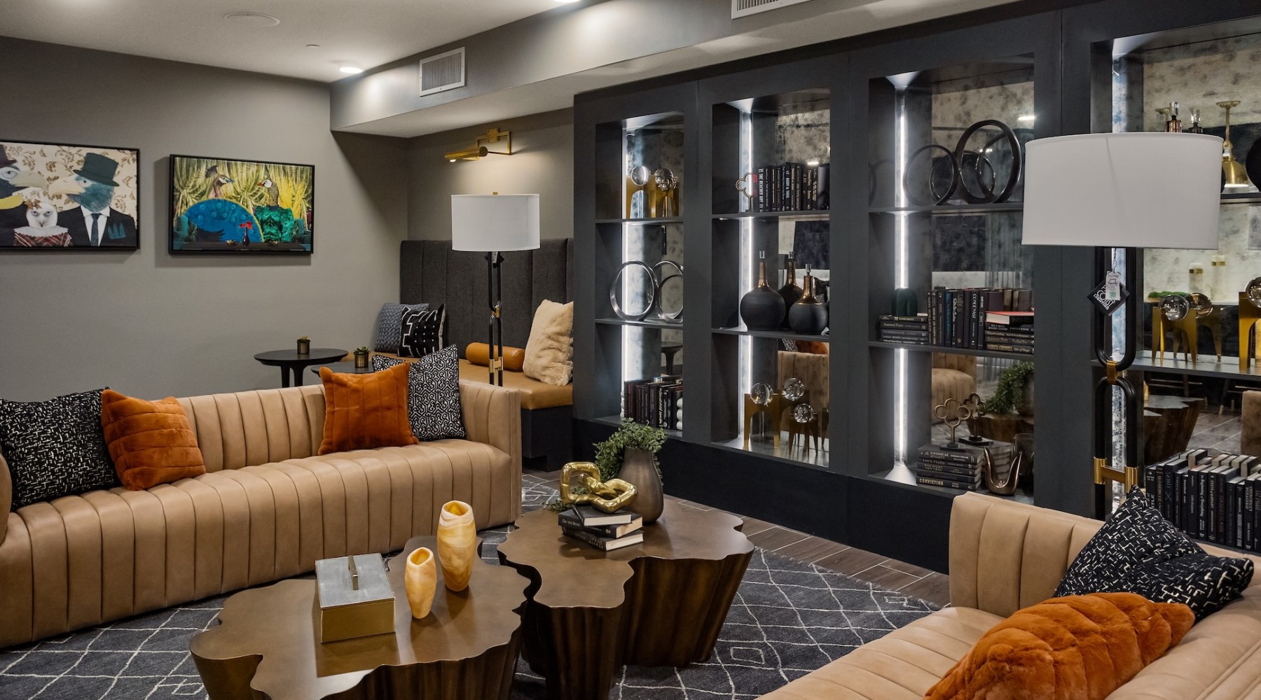 a spacious clubroom with lounge area