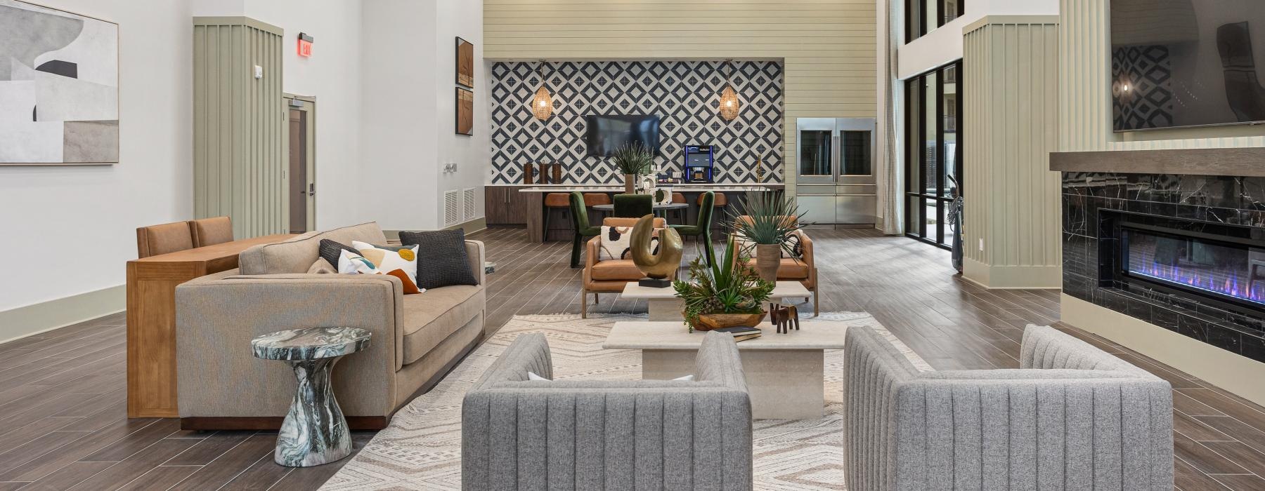 a spacious room with a fireplace